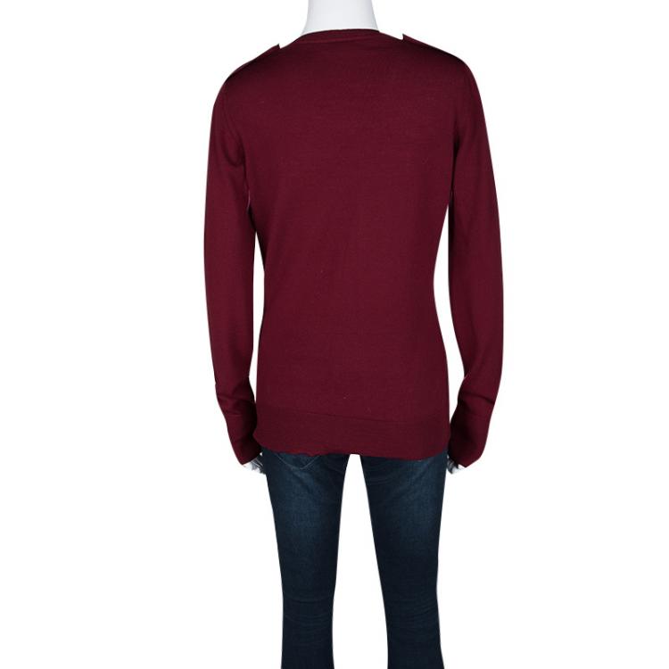 Pre Owned Burberry London Maroon Merino Wool V-Neck Sweater M