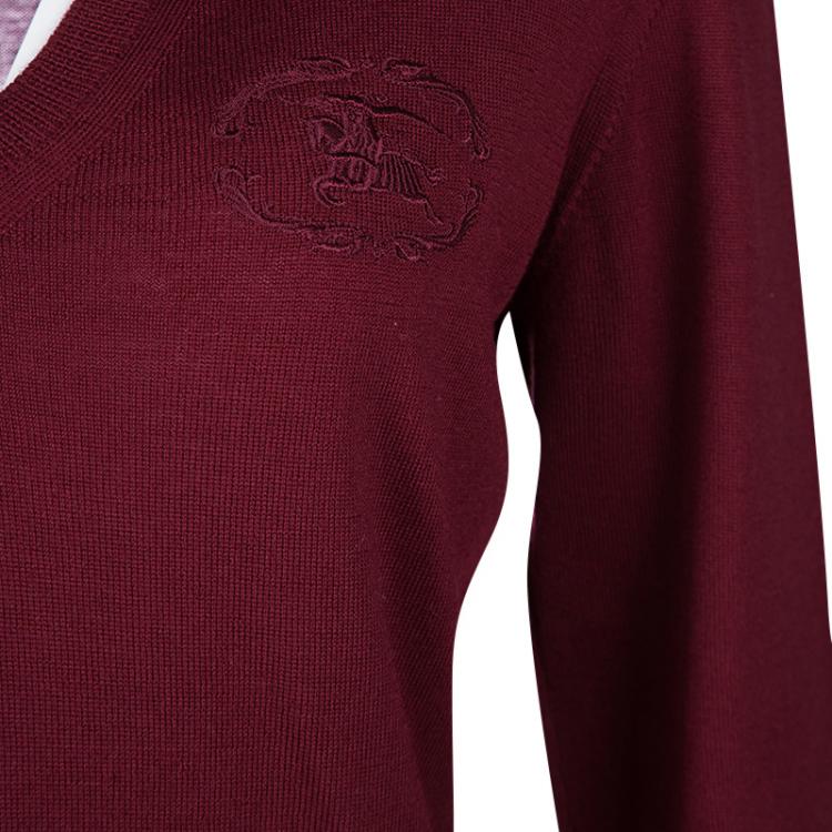 Pre Owned Burberry London Maroon Merino Wool V-Neck Sweater M