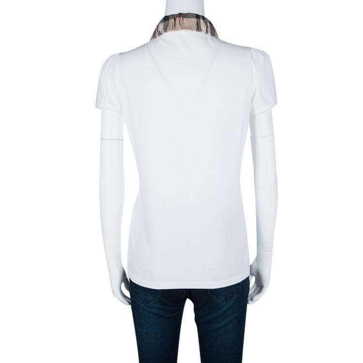 Pre Owned Burberry Brit White Honeycomb Knit Novacheck Collar Detail Polo T-Shirt L