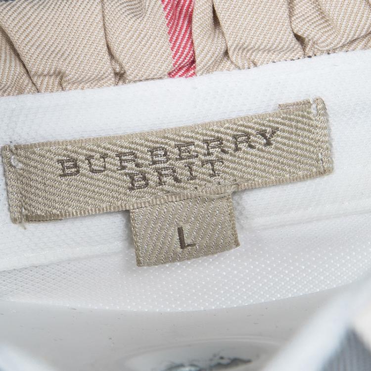 Pre Owned Burberry Brit White Honeycomb Knit Novacheck Collar Detail Polo T-Shirt L