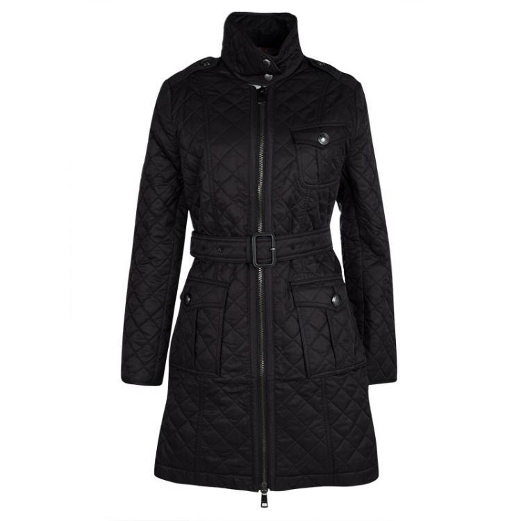 Pre Owned Burberry London Black Diamond Quilted Zip Front Belted Long Jacket M