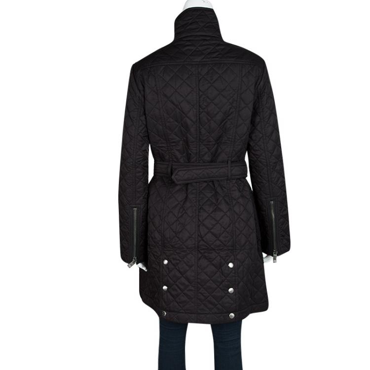 Pre Owned Burberry London Black Diamond Quilted Zip Front Belted Long Jacket M