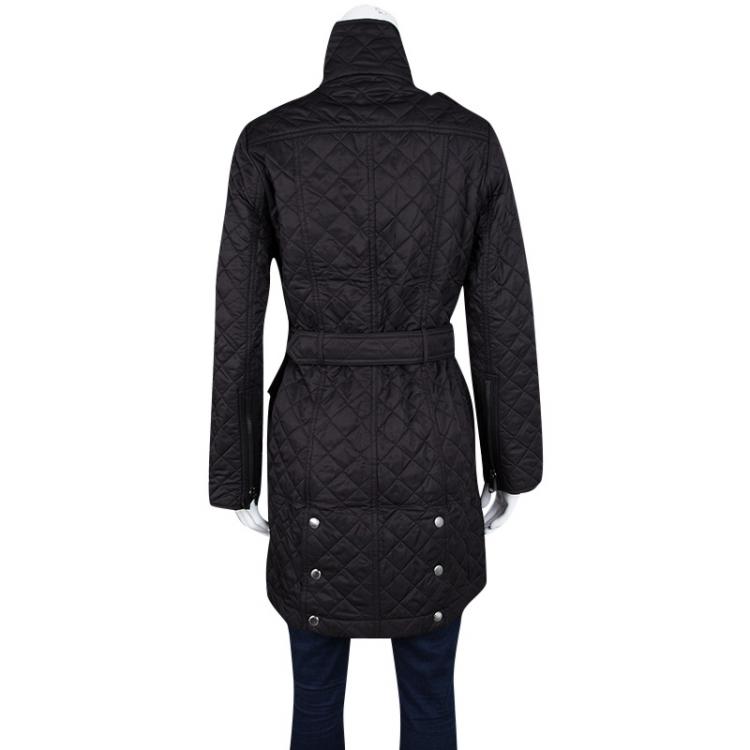 Pre Owned Burberry Black Diamond Quilted Zip Front Belted Long Jacket XL
