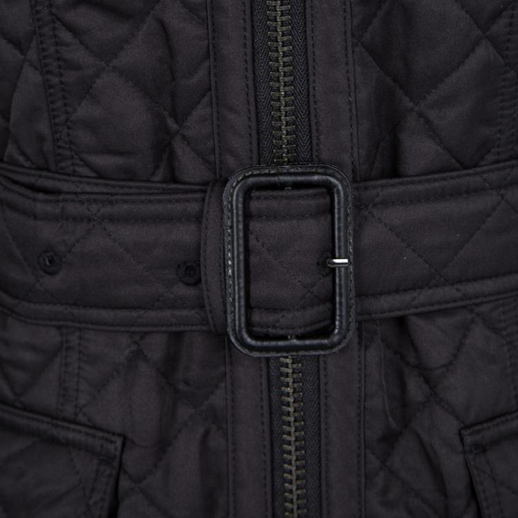 Pre Owned Burberry Black Diamond Quilted Zip Front Belted Long Jacket XL