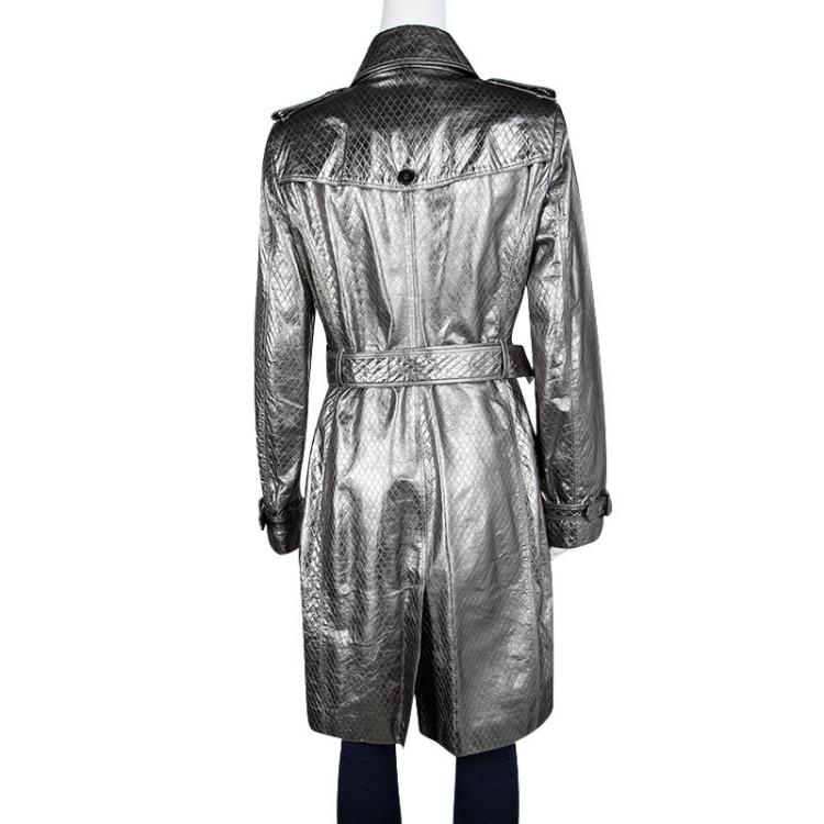 مملوكة مسبقًا Burberry London Metallic Diamond Patterned Lambskin Belted Trench Coat M