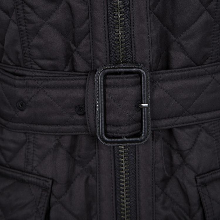 Pre Owned Burberry London Black Diamond Quilted Zip Front Belted Long Jacket XS