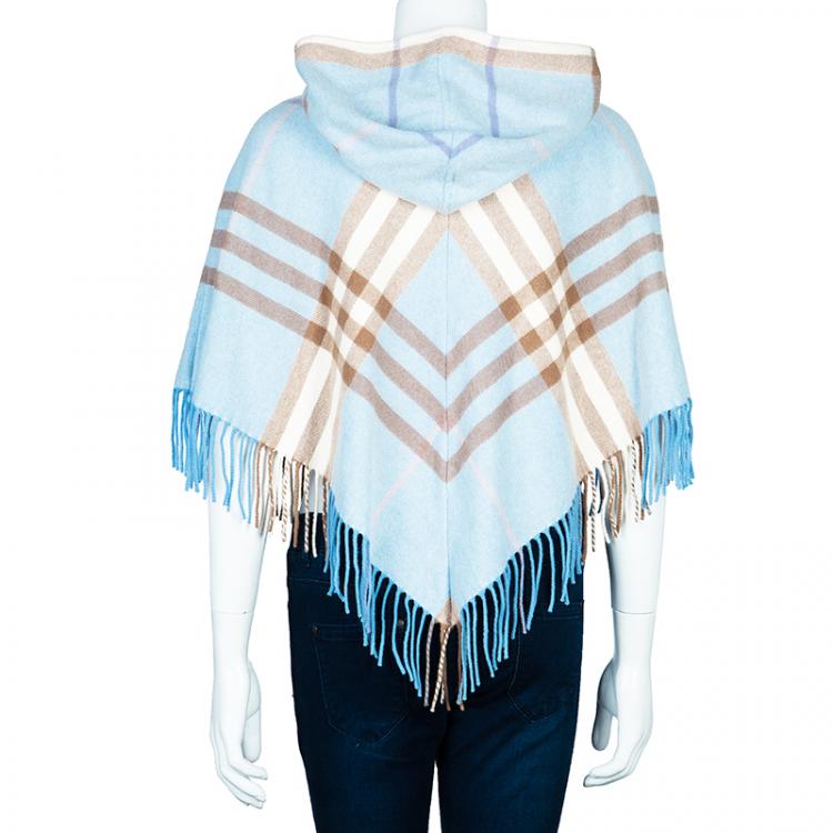 Pre Owned Burberry London Hooded Blue Check Fringed Poncho OS