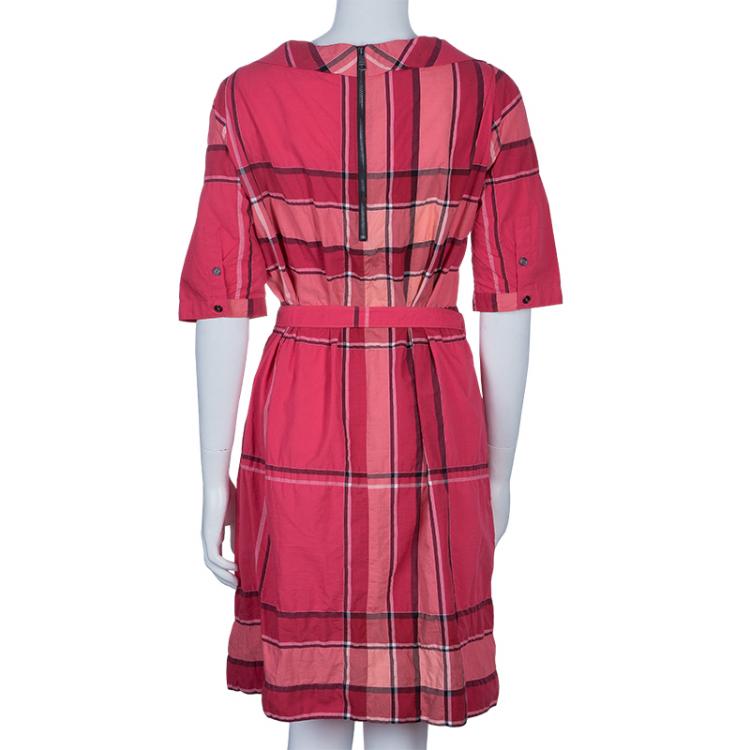 Pre Owned Burberry Brit Pink Check Crinkle Cotton Kristie Dress L