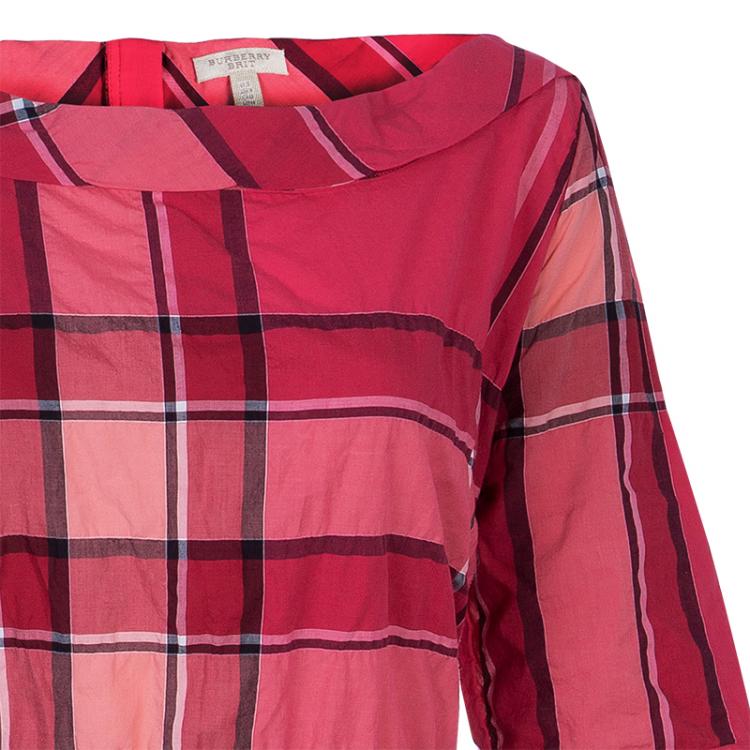Pre Owned Burberry Brit Pink Check Crinkle Cotton Kristie Dress L