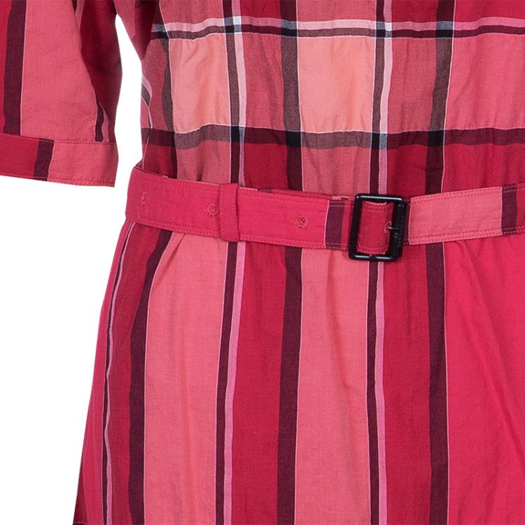 Pre Owned Burberry Brit Pink Check Crinkle Cotton Kristie Dress L