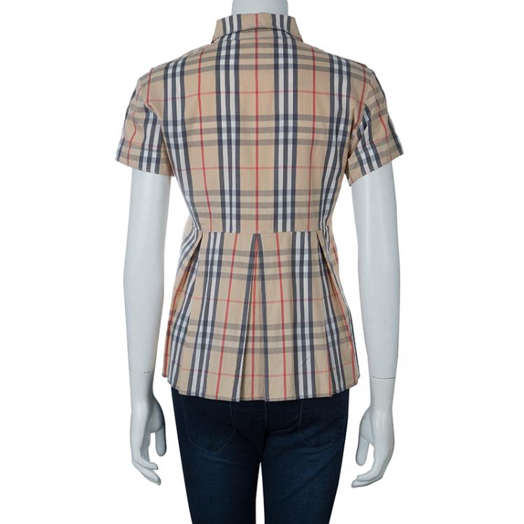 Pre Owned Burberry Beige Nova Check Print Box Pleat Detail Short Sleeve Shirt M