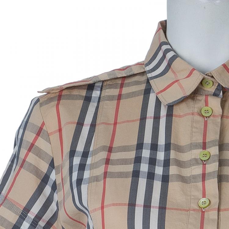 Pre Owned Burberry Beige Nova Check Print Box Pleat Detail Short Sleeve Shirt M