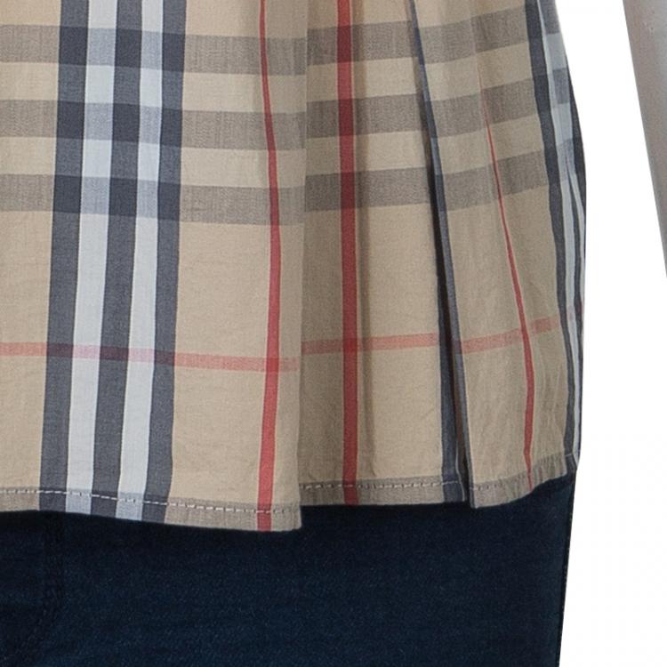 Pre Owned Burberry Beige Nova Check Print Box Pleat Detail Short Sleeve Shirt M