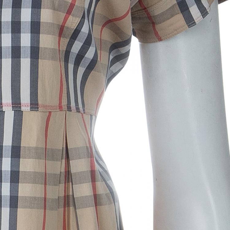 Pre Owned Burberry Beige Nova Check Print Box Pleat Detail Short Sleeve Shirt M