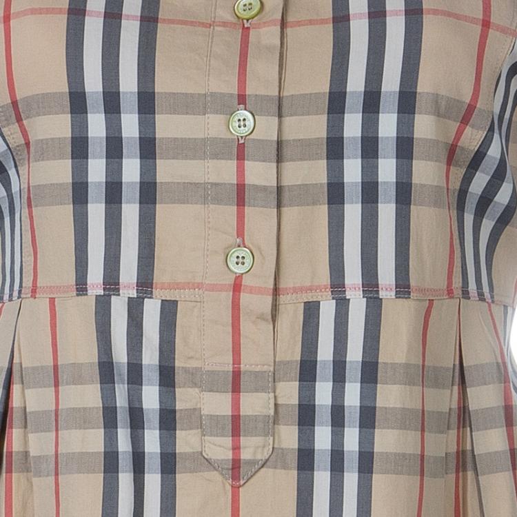 Pre Owned Burberry Beige Nova Check Print Box Pleat Detail Short Sleeve Shirt M