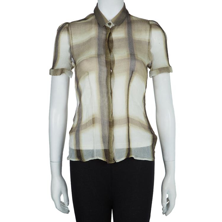 Pre Owned Burberry Brown Checked Crinkled Silk Short Sleeve Sheer Blouse S