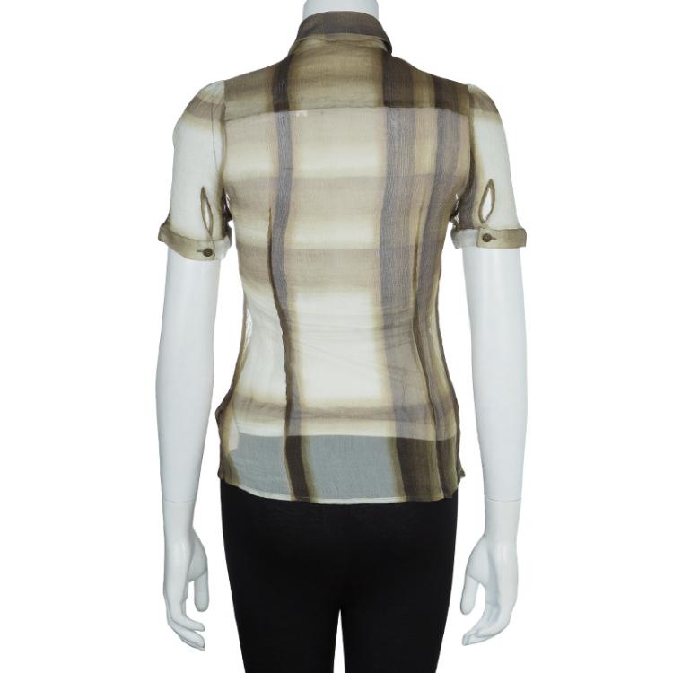 Pre Owned Burberry Brown Checked Crinkled Silk Short Sleeve Sheer Blouse S
