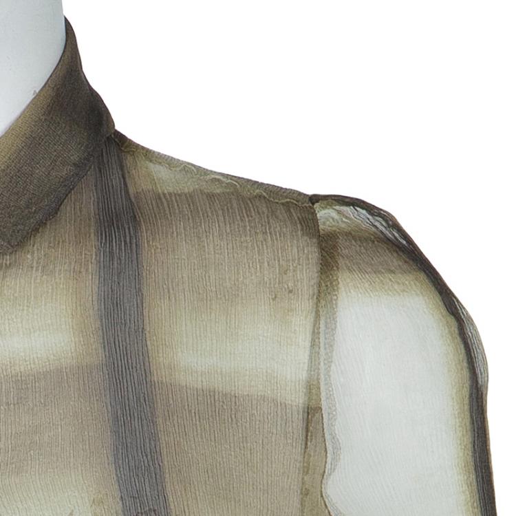 Pre Owned Burberry Brown Checked Crinkled Silk Short Sleeve Sheer Blouse S