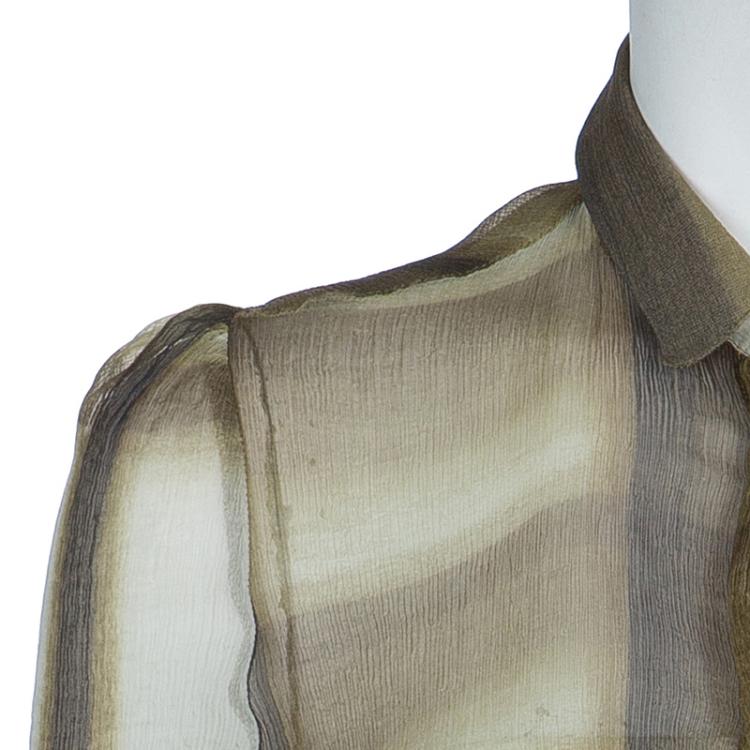 Pre Owned Burberry Brown Checked Crinkled Silk Short Sleeve Sheer Blouse S