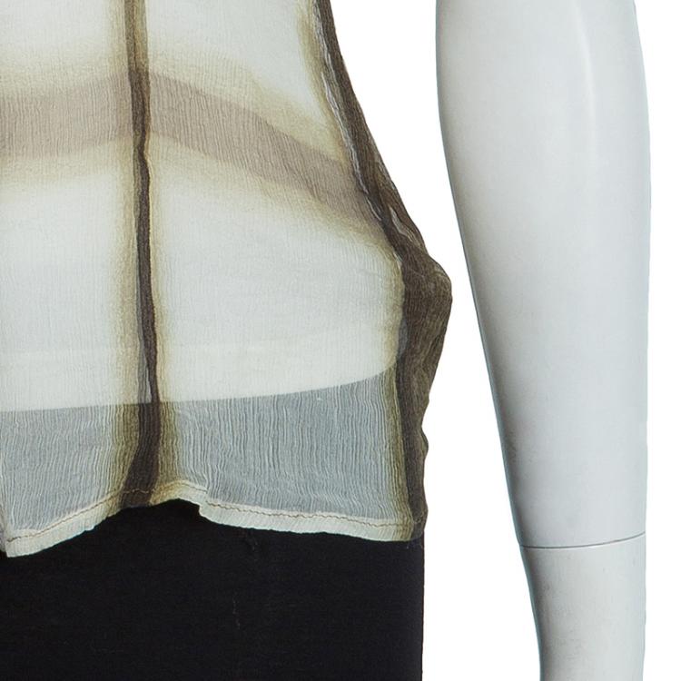 Pre Owned Burberry Brown Checked Crinkled Silk Short Sleeve Sheer Blouse S