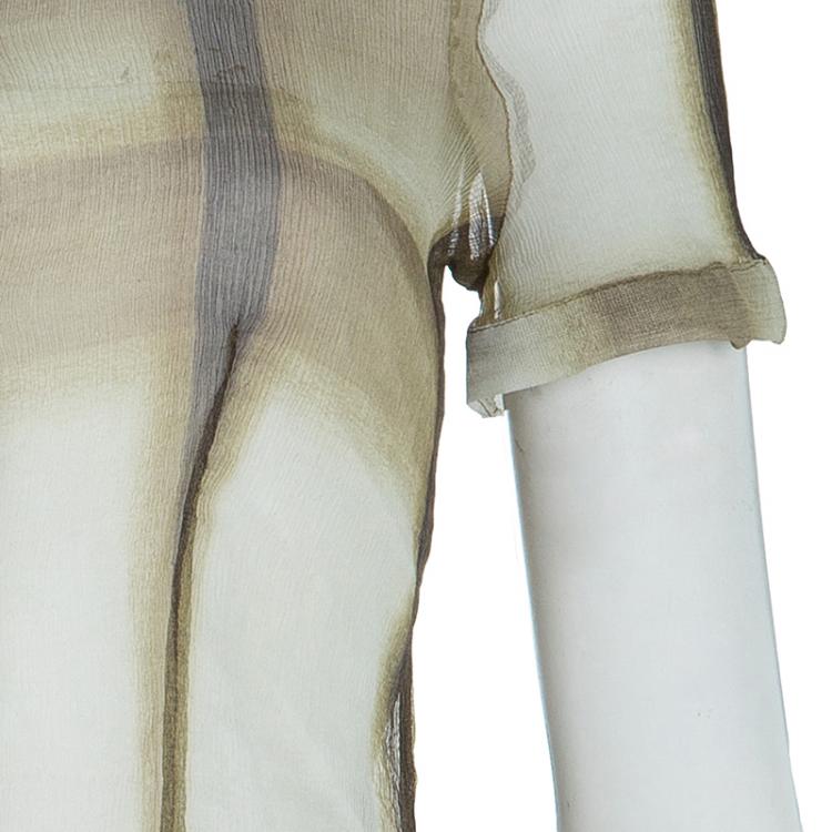 Pre Owned Burberry Brown Checked Crinkled Silk Short Sleeve Sheer Blouse S
