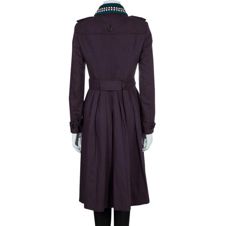 Pre Owned Burberry Prorsum Purple Contrast Beaded Crochet Collar Detail Belted Trench Coat S