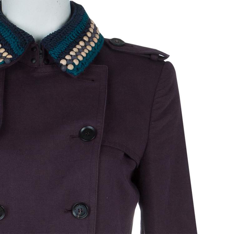 Pre Owned Burberry Prorsum Purple Contrast Beaded Crochet Collar Detail Belted Trench Coat S