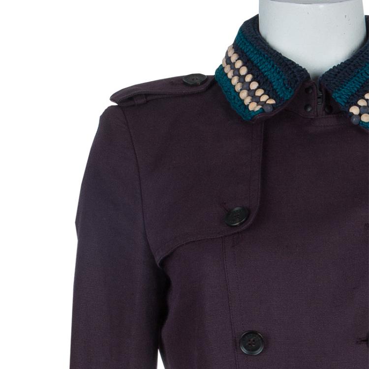Pre Owned Burberry Prorsum Purple Contrast Beaded Crochet Collar Detail Belted Trench Coat S