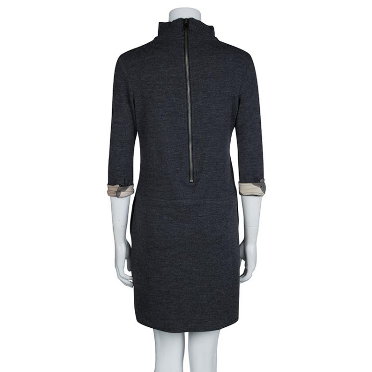 Pre Owned Burberry Grey Wool Drop Waist Zip Front Dress M