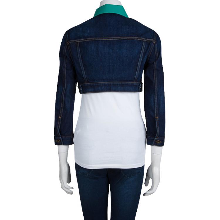 Pre Owned Burberry Prorsum Indigo Dark Wash Denim Patent Leather Detail Cropped Jacket S
