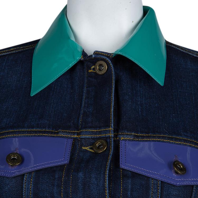 Pre Owned Burberry Prorsum Indigo Dark Wash Denim Patent Leather Detail Cropped Jacket S
