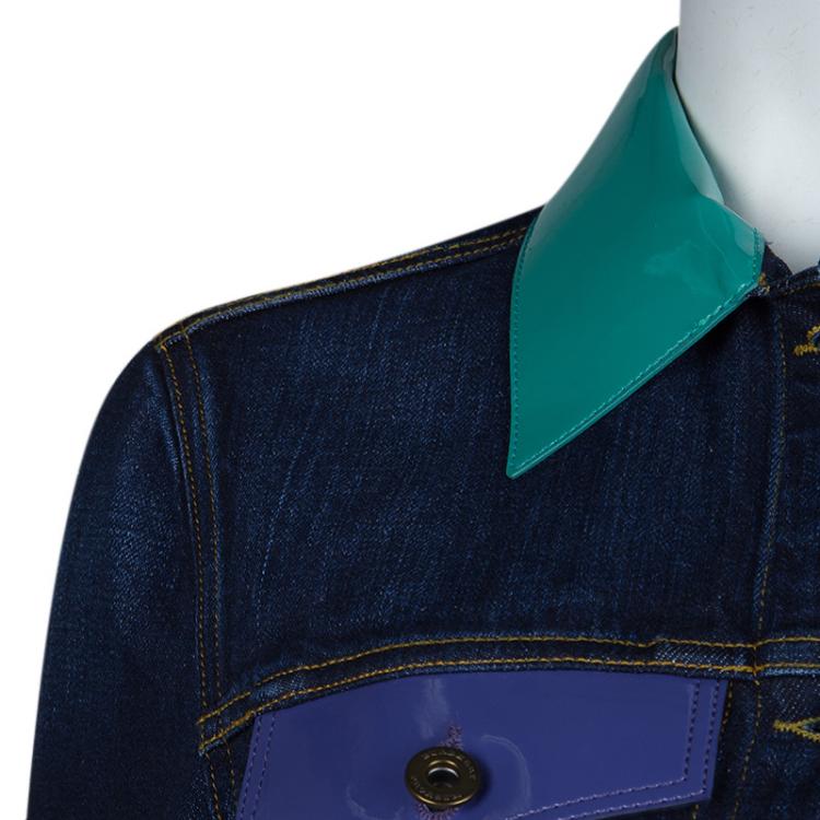 Pre Owned Burberry Prorsum Indigo Dark Wash Denim Patent Leather Detail Cropped Jacket S