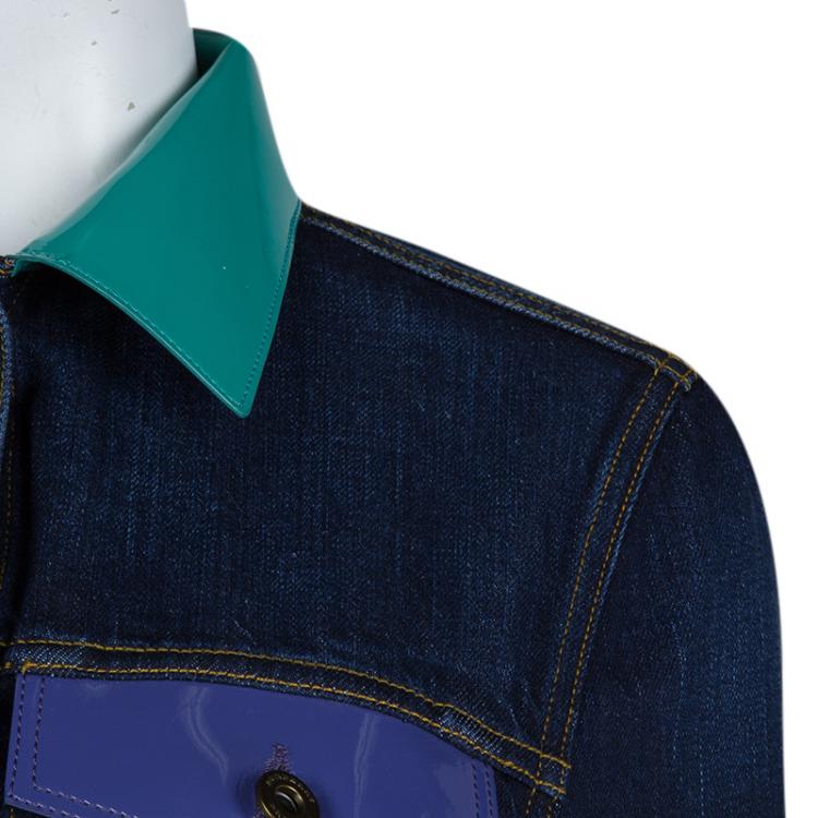 Pre Owned Burberry Prorsum Indigo Dark Wash Denim Patent Leather Detail Cropped Jacket S