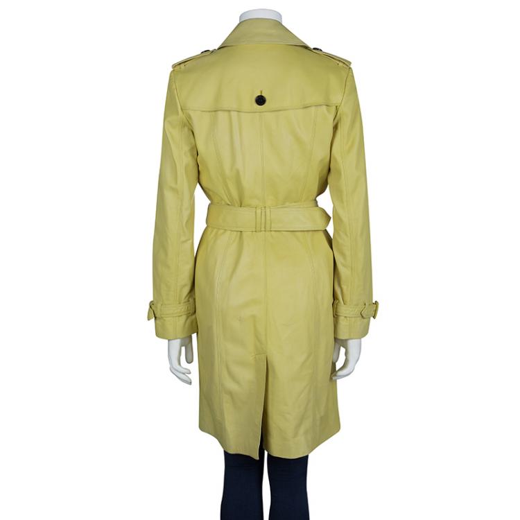 Pre Owned Burberry London Pastel Yellow Leather Belted Trench Coat S
