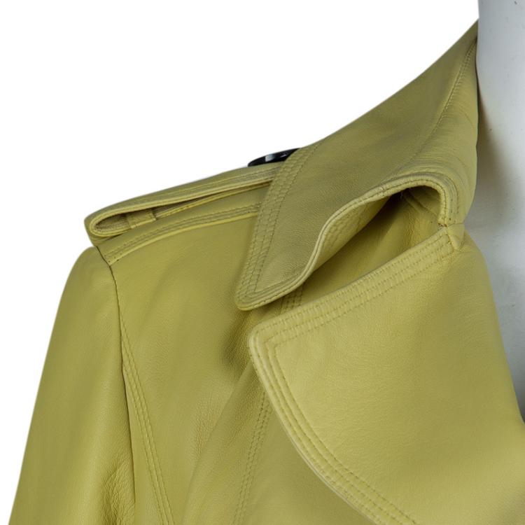 Pre Owned Burberry London Pastel Yellow Leather Belted Trench Coat S
