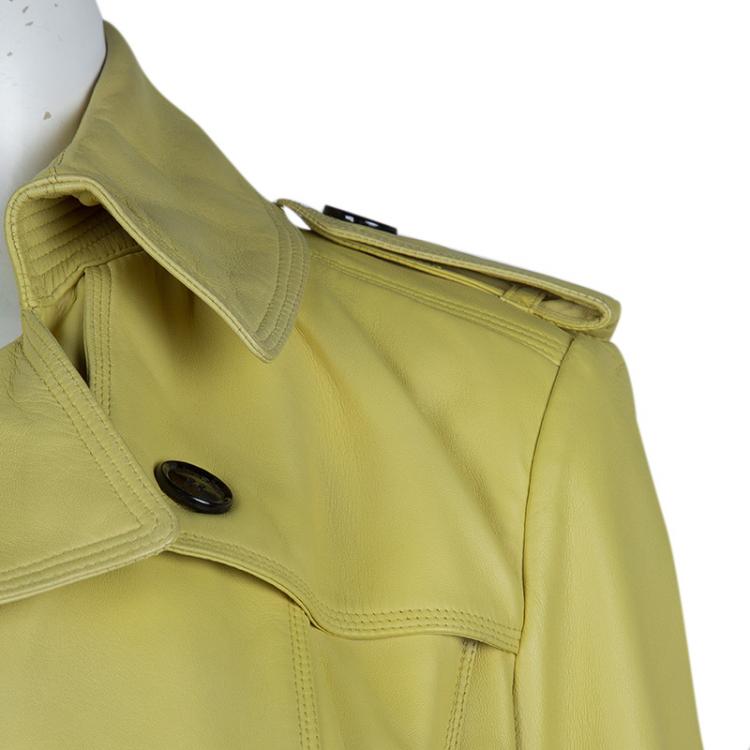 Pre Owned Burberry London Pastel Yellow Leather Belted Trench Coat S