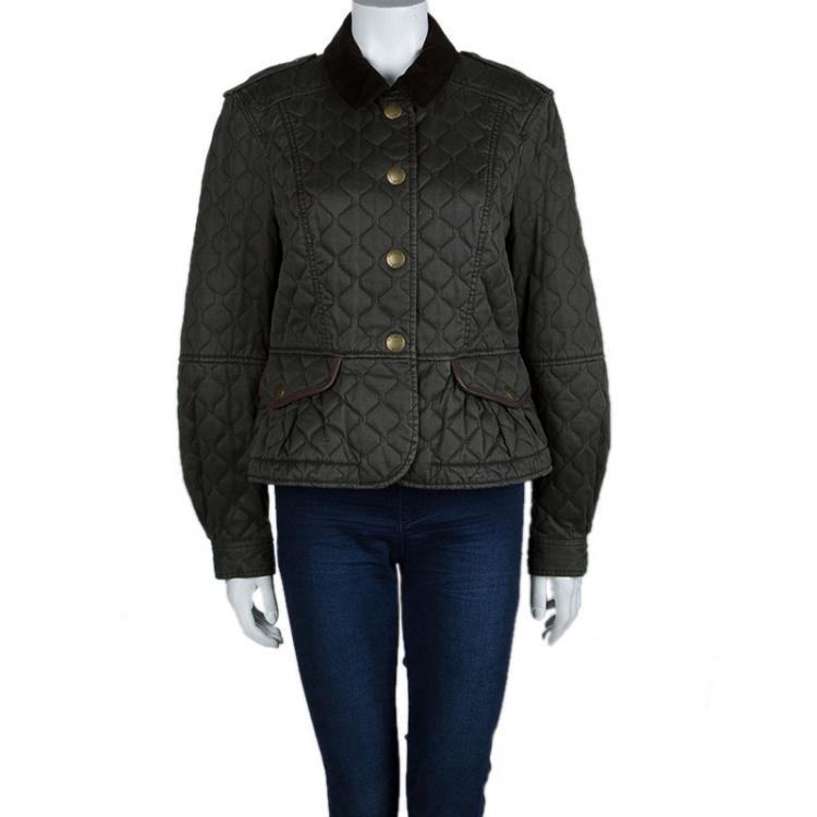 Pre Owned Burberry Brit Olive Green Quilted Geometric Pattern Detail Jacket L