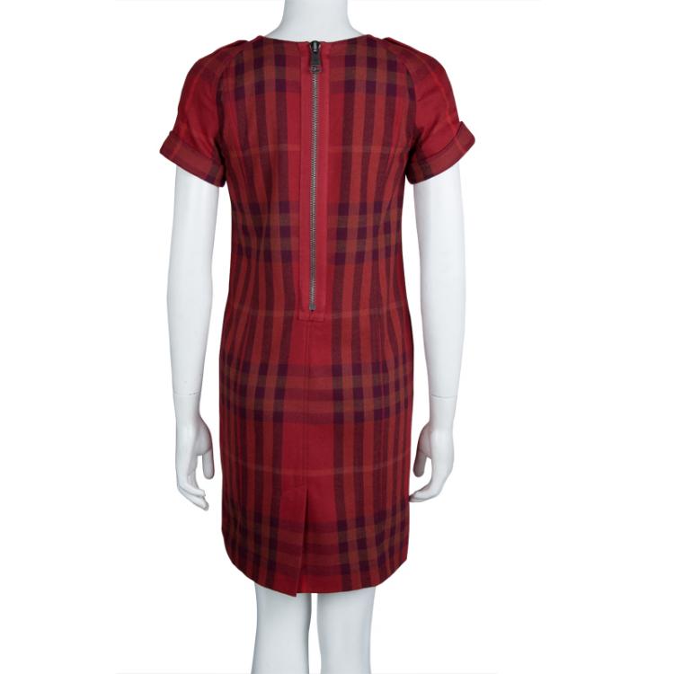 Pre Owned Burberry Red Checked Short Sleeve Wool Dress S