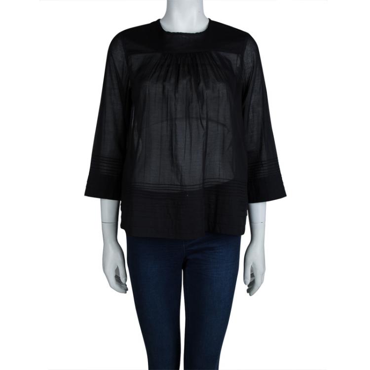 Pre Owned Burberry Black Cotton Gathered Pintuck Detail Long Sleeve Top S