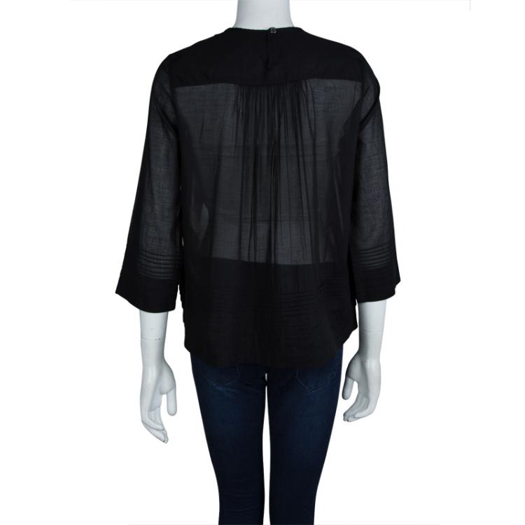 Pre Owned Burberry Black Cotton Gathered Pintuck Detail Long Sleeve Top S