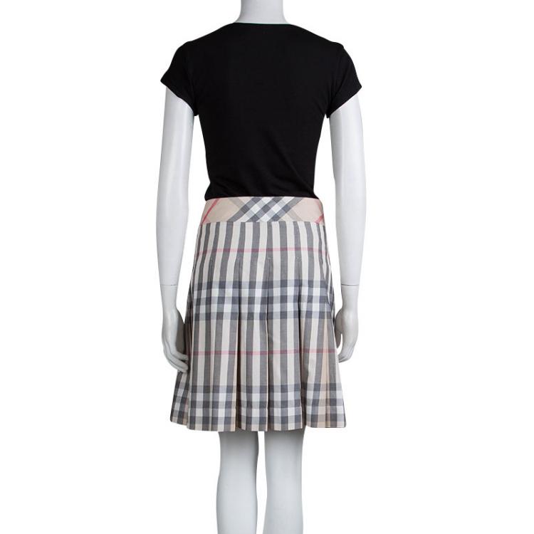 Pre Owned Burberry London Beige Nova Check Cotton Pleated Skirt M