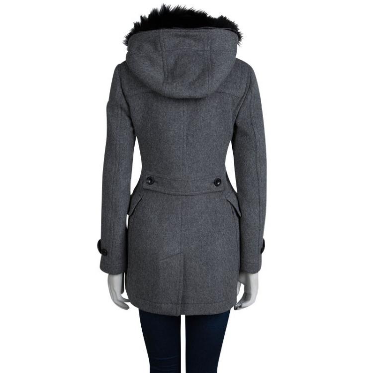 Pre Owned Burberry Brit Grey Wool Fur Trim Coat S