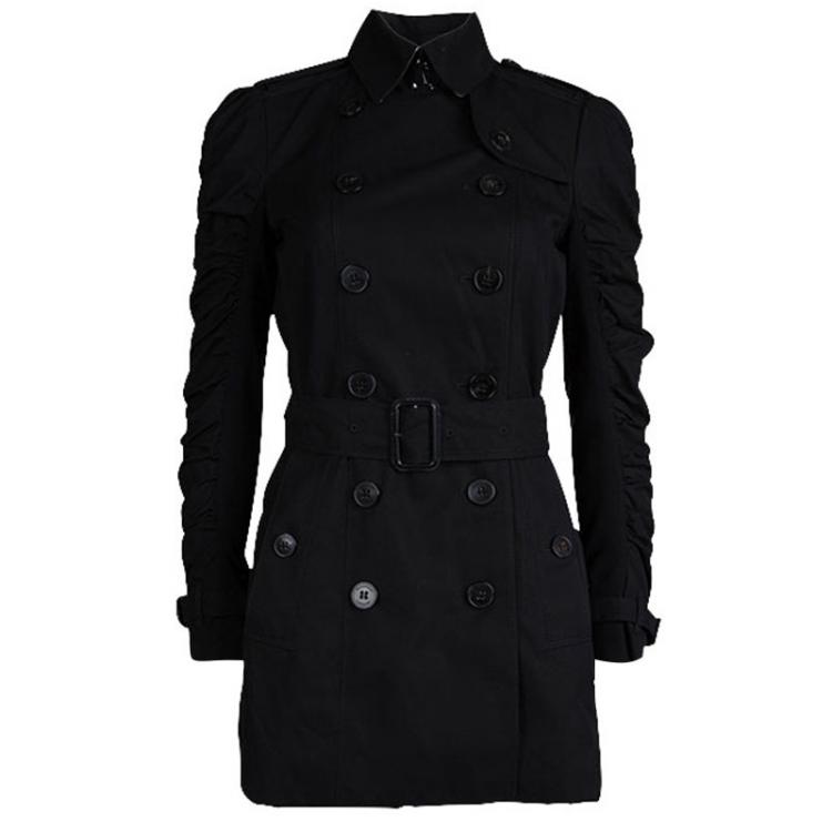 Burberry London Black Cotton Ruched Sleeve Detail Trench Coat S ...