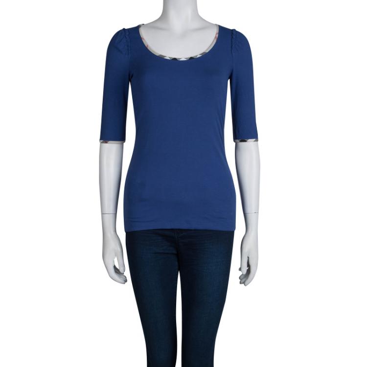 Pre Owned Burberry Brit Blue Jersey Novacheck Trim Detail Top S