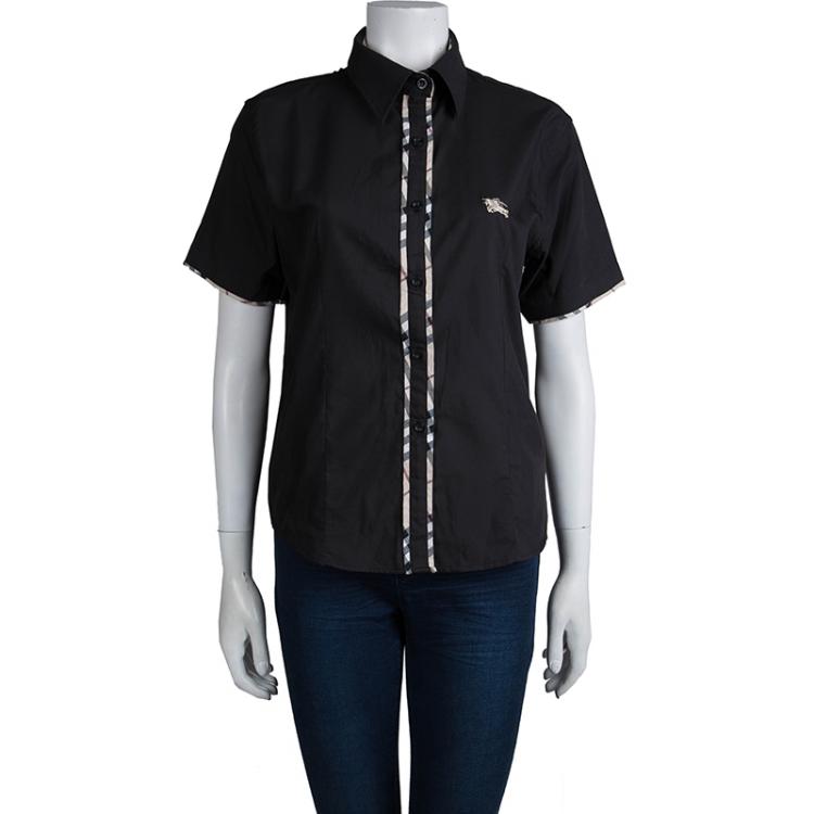مملوكة مسبقًا Burberry Black Nova Check Trim Short Sleeve Button Front Shirt XL