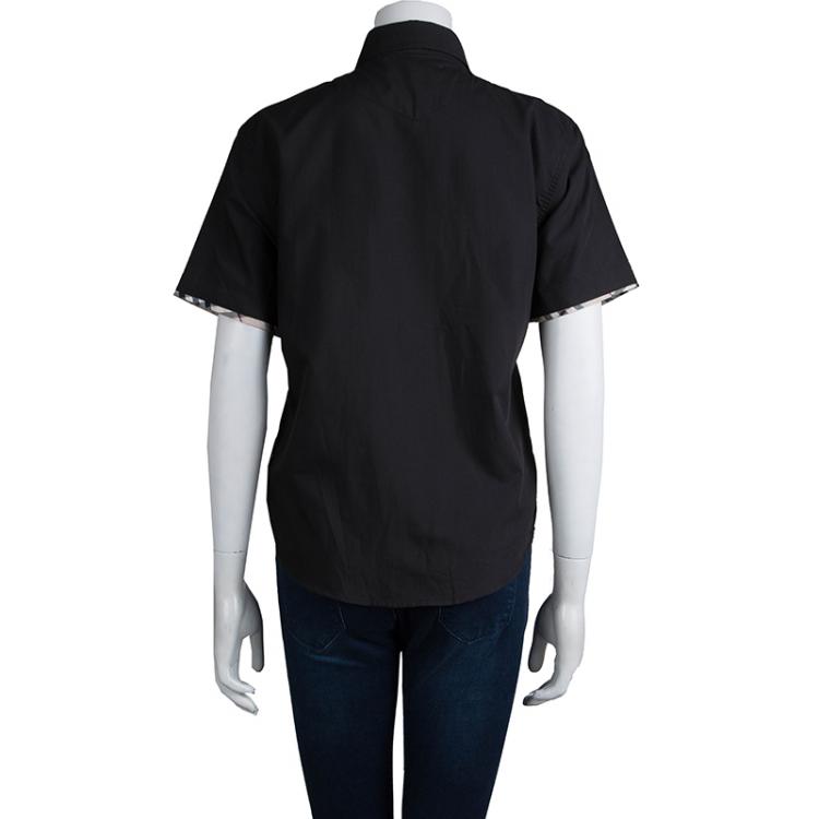 مملوكة مسبقًا Burberry Black Nova Check Trim Short Sleeve Button Front Shirt XL