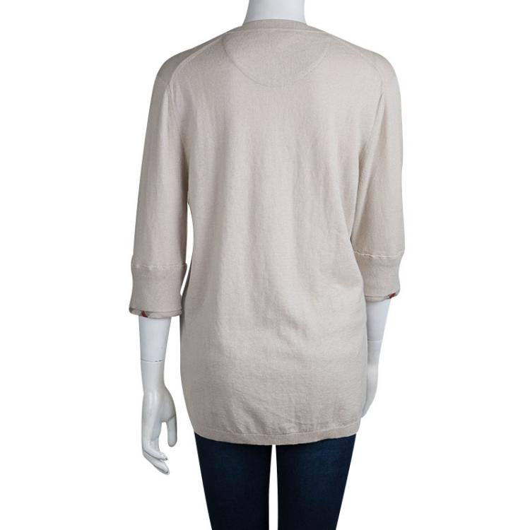 Pre Owned Burberry Beige Novacheck Trim Crew Neck Sweater M