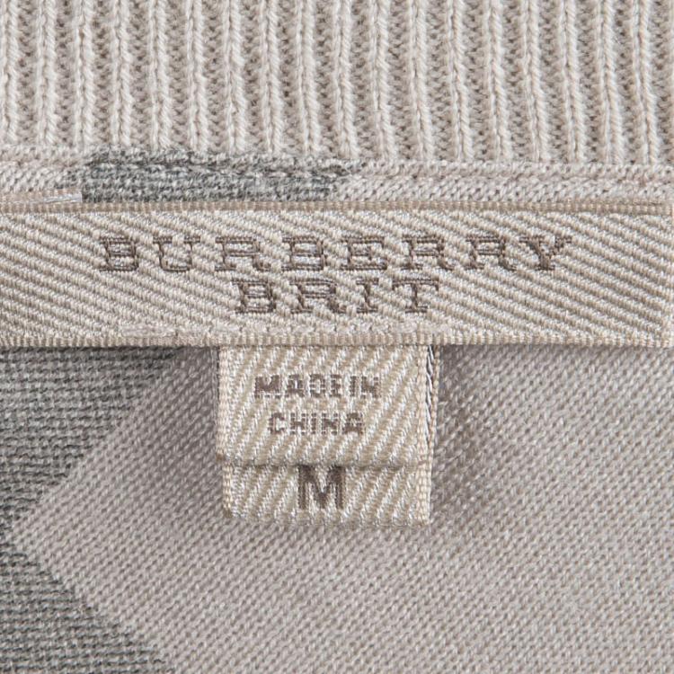 Pre Owned Burberry Beige Novacheck Trim Crew Neck Sweater M