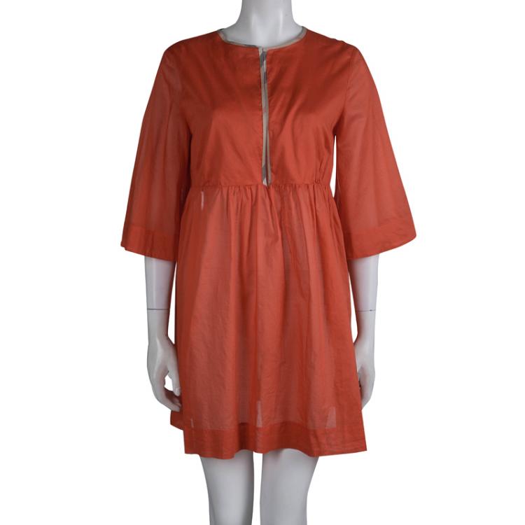 Pre Owned Burberry Brit Orange Cotton Gathered High Waist Beach Dress M