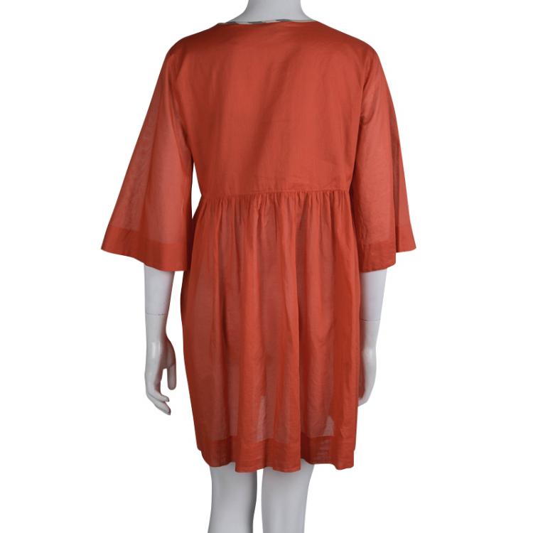 Pre Owned Burberry Brit Orange Cotton Gathered High Waist Beach Dress M
